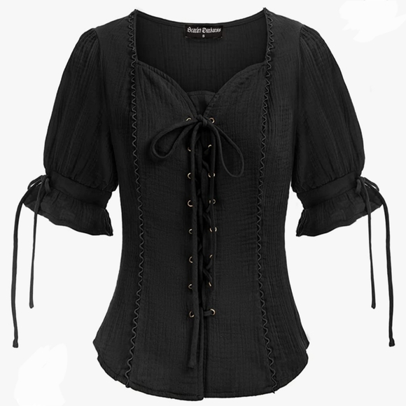 NWT Scarlet Darkness Black Lace Up Peasant Top Size S - Picture 1 of 8